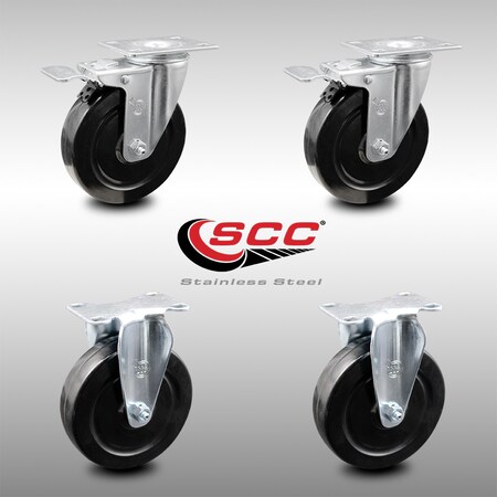 Service Caster 5 Inch SS Hard Rubber Wheel Swivel Top Plate Caster Lock Brake 2 Rigid SCC, 2PK SCC-SSTTL20S514-HRS-2-R-2